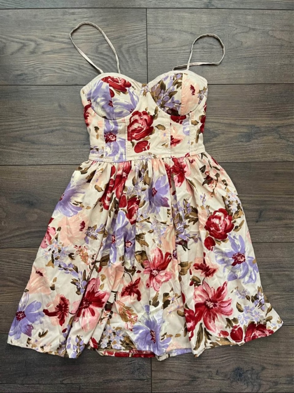 Floral Sweetheart Bust Mini Dress - Cream, Red & Lavender